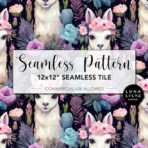 Llama Seamless Pattern Tile, Llama digital paper, Flowers Cactus and Llamas, Floral Llama, Purple Background, Repeat Pattern, Commercial Use