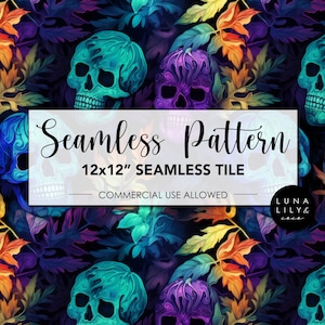 Colorful Skull Seamless Pattern, Halloween Seamless File, Skull Print, Foliage Prints Seamless Files, Repeating Pattern, Digital Pattern
