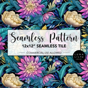 Färgglad sömlös blommönster kakel, blågrön och rosa blommor, tropiska blommor, upprepande mönster, sömlöst digitalt mönster, kommersiellt bruk
