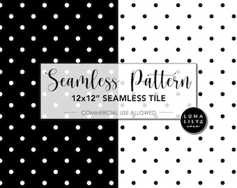 May include: A seamless pattern featuring black and white polka dots. The pattern is repeated on a black background on the left side of the image and on a white background on the right side of the image. The text "Seamless Pattern" is displayed in the center of the image with the text "12x12" Seamless Tile" and "Commercial Use Allowed" below it. The text "Luna Lily & Co." is displayed in the lower right corner of the image.