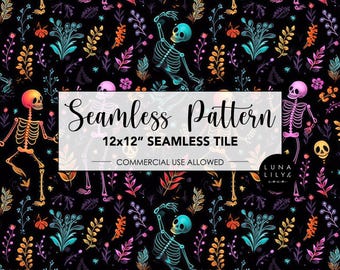 Colorful Skeleton Seamless Pattern, Halloween Print (Digital Pattern)