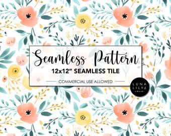 May include: A seamless pattern featuring a repeating design of watercolor flowers in shades of peach, yellow, and teal on a white background. The text "Seamless Pattern" is displayed in a black rectangle with the text "12x12" Seamless Tile" and "Commercial Use Allowed" below. The text "Luna Lily & Co." is displayed in a black circle.