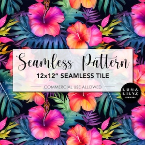 May include: A seamless pattern featuring vibrant pink, yellow, and blue hibiscus flowers and tropical leaves on a dark blue background. The text "Seamless Pattern 12x12" Seamless Tile Commercial Use Allowed" is displayed in a white box.