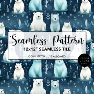 May include: Seamless pattern featuring white polar bears on a dark blue background with white flowers and leaves. The text "Seamless Pattern" and "12x12" Seamless Tile" is displayed in a white rectangle. The text "Commercial Use Allowed" is displayed in a white rectangle below the first rectangle. The text "Luna Lily & Co." is displayed in a white rectangle in the bottom right corner of the image.