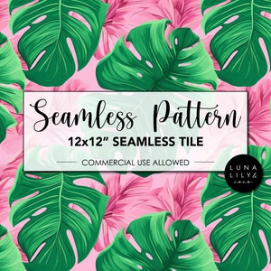 May include: Seamless pattern featuring large green monstera leaves on a pink background. The text "Seamless Pattern" and "12x12" Seamless Tile" is displayed in white. The text "Commercial Use Allowed" is displayed in black. The text "Luna Lily & Co." is displayed in white.