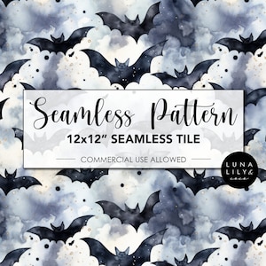 Könnte beinhalten: Ein nahtloses Muster mit schwarzen Fledermäusen auf einem Aquarellhintergrund mit blauen und grauen Wolken und goldenem Glitzer. Der Text "Seamless Pattern" und "12x12" Seamless Tile" wird auf einem weißen Rechteck angezeigt. Der Text "Commercial Use Allowed" wird auf einem weißen Banner unter dem Rechteck angezeigt. Der Text "Luna Lily & Co." wird auf einem weißen Banner unter dem Banner angezeigt.