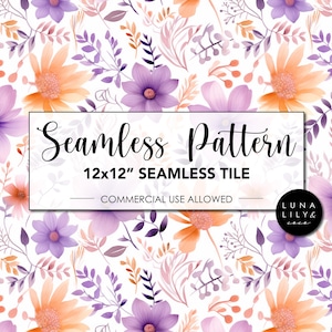 Lilac and Orange Floral Seamless Pattern, Watercolor Flowers, Seamless Digital Pattern, Floral Prints, Repeating Pattern, Commercial Use