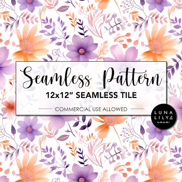 Lilac and Orange Floral Seamless Pattern, Watercolor Flowers, Seamless Digital Pattern, Floral Prints, Repeating Pattern, Commercial Use