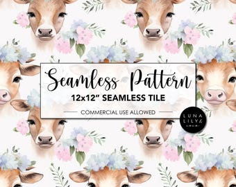 Highland Cow Floral Seamless Pattern, Floral Cow, Cow Seamless Digital Pattern, Floral Prints, Cow Pattern, Cow Prints, Digital Download