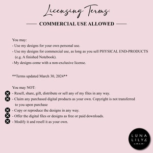 K&ouml;nnte beinhalten: Ein rosa Hintergrund mit schwarzem Text, der die Nutzungsbedingungen f&uuml;r die kommerzielle und private Nutzung digitaler Designs beschreibt. Der Text besagt, dass die kommerzielle Nutzung erlaubt ist, solange die Designs zur Herstellung physischer Endprodukte verwendet werden. Der Text besagt auch, dass die Designs mit einer nicht-exklusiven Lizenz geliefert werden. Die Bedingungen wurden am 30. M&auml;rz 2024 aktualisiert.