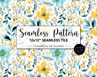 Blue and Yellow Abstract Floral Seamless Pattern Tile, Floral Seamless Digital Pattern, Watercolor Flower, Repeating Pattern, Commercial Use