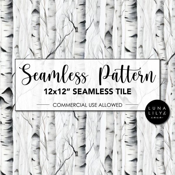 Forest Seamless Pattern, White Birch Tree Digital Paper, Woodland, Watercolor Forest, Tree Seamless Pattern, Repeat Pattern-Commercial Use