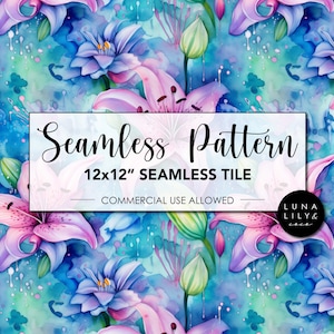 Könnte beinhalten: Nahtloses Muster mit rosa und blauen Aquarell-Lilien mit grünen Stielen und Blättern auf einem blauen und grünen Hintergrund mit weißen Spritzern. Der Text "Seamless Pattern" befindet sich in der Mitte des Bildes, darunter der Text "12x12" Seamless Tile". Darunter steht der Text "Commercial Use Allowed". Der Text "Luna Lily & Co." befindet sich in der rechten unteren Ecke des Bildes.