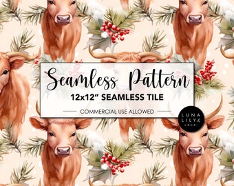 Cute Cow Floral Seamless Pattern Tile, Cow Seamless Digital Pattern, Christmas Cow, Repeating Pattern, Commercial Use