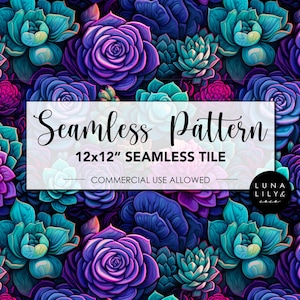 Succulent Seamless Pattern, Digital Paper PNG, Instant Download, Succulent Digital Paper, Dark Background pattern, Commercial Use