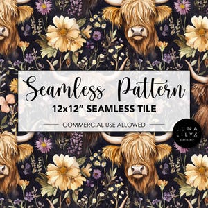 Highland Cow Floral Seamless Pattern, Repeating Pattern, Cow Seamless Digital Pattern, Wild Flowers, Summer Pattern, Digital Download