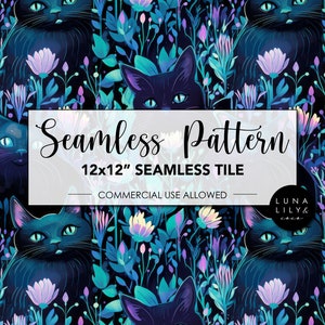 Black Cat Seamless Pattern, Halloween Seamless File, Floral Cat Seamless Pattern Tile, Repeating Pattern, Digital Pattern, Commercial Use