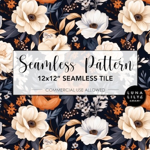 May include: Seamless pattern featuring a floral design with white and orange flowers on a dark blue background. The text "Seamless Pattern" and "12x12" Seamless Tile" is displayed on a white rectangle. The text "Commercial Use Allowed" is displayed below the rectangle. The text "Luna Lily Co." is displayed in a circle.