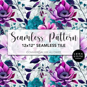 May include: Seamless pattern featuring a floral design with purple, pink, and teal flowers on a white background. The text "Seamless Pattern 12x12" Seamless Tile Commercial Use Allowed" is displayed in the center of the image.