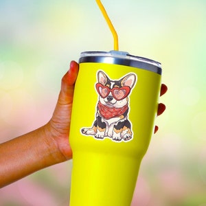 Waterproof Vinyl Sticker with Corgi Wearing Heart Sunglasses