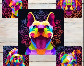 Set of 5 Square Neoprene Coasters Featuring Colorful Pop Art Dogs
