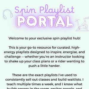 Könnte beinhalten: Eine Textgrafik mit den Worten "Spin Playlist Portal" in lila Schrift. Der Text befindet sich auf einem hellblauen Hintergrund. Die Grafik enthält auch ein kleines Bild eines Spinning-Bikes und eines Headsets.