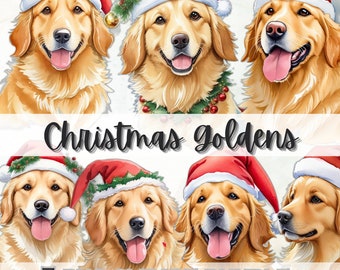 Può includere: Sette illustrazioni digitali di cani golden retriever con cappelli di Babbo Natale e decorazioni natalizie. I cani guardano tutti la telecamera con la lingua di fuori. Il testo "Christmas Goldens" e "7 PNG CLIPART BUNDLE" si trova nella parte inferiore dell'immagine.
