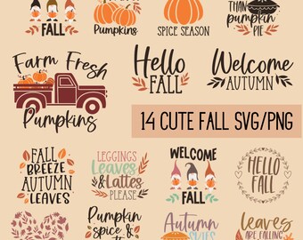 Pode incluir: Uma coleção de 14 designs digitais SVG e PNG com tema de outono, incluindo abóboras, gnomos, folhas e texto como "Bem-vindo Outono", "Olá Outono", "Abóboras Frescas da Fazenda" e "Especiarias de Abóbora e Tudo de Bom".
