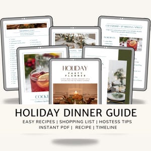 Può includere: Una guida digitale per la cena delle feste visualizzata su tablet. La guida include ricette, liste della spesa e consigli per le hostess. L'immagine mostra un cocktail spritz di mirtilli rossi e un'accogliente mise en place.