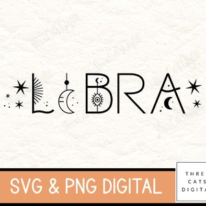 May include: Black and white digital download of a stylized Libra zodiac sign with celestial elements, including stars, moons, and a sun. The text "LIBRA" is in all caps and the words "SVG & PNG DIGITAL" are below the image. The words "THREE CATS DIGITAL" are in a white box in the lower right corner.