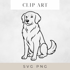 May include: Black and white line art illustration of a Golden Retriever dog in a sitting position. The dog has a friendly expression. The words "CLIP ART" are at the top, and "SVG PNG" are at the bottom.