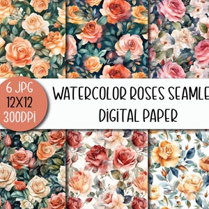 Watercolor Roses digital paper bundle, peach and pink rose seamless paper, scrapbook clip art, floral digital paper, flower background