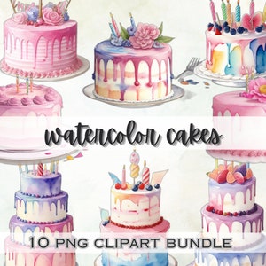 Birthday Cake clipart, Pastel cakes PNG, Birthday PNG, watercolor cakes bundle,