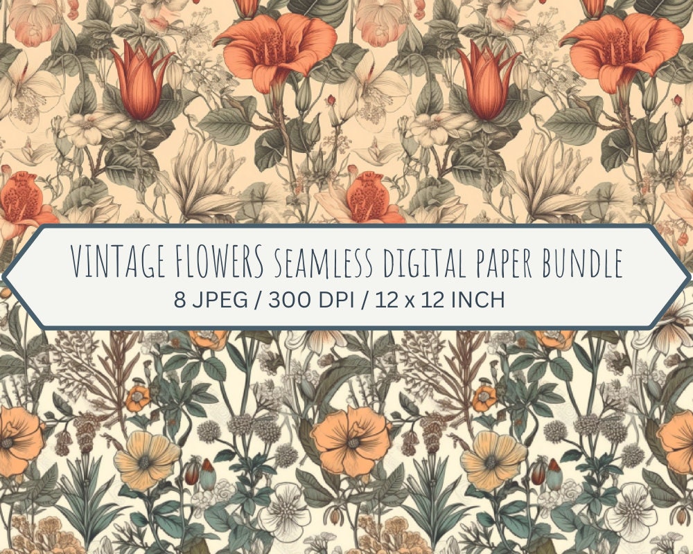 Vintage Flowers Digital Paper Bundle, Antique Floral Seamless Paper ...