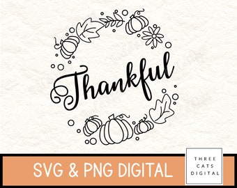 May include: Black and white digital download of a Thanksgiving wreath with the word "Thankful" in a cursive font. The wreath is made of leaves, pumpkins, and flowers.