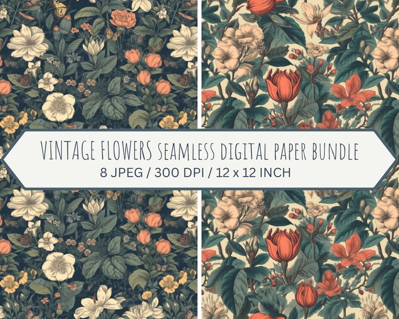 Vintage Flowers Digital Paper Bundle, Antique Floral Seamless Paper ...