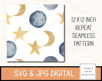 May include: A seamless pattern featuring watercolor illustrations of moons, stars, and circles in shades of blue and gold. The pattern repeats on a white background. The text "12 x 12 inch repeat seamless pattern" is displayed on the right side of the image. The text "SVG & JPG Digital" is displayed at the bottom of the image. The text "Three Cats Digital" is displayed in the bottom right corner of the image.