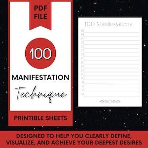 Può includere: Foglio di lavoro PDF stampabile con un cerchio rosso che contiene il numero 100 e il testo "100 Tecnica di Manifestazione". Il foglio di lavoro è progettato per aiutarti a definire chiaramente, visualizzare e realizzare i tuoi desideri più profondi. Include un elenco di 100 righe vuote in cui puoi scrivere le tue manifestazioni.