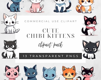 Chibi clipart, kitten clipart, Chibi kittens PNG, schattige kittens PNG, schattige katten, kawaii clipart, commercieel gebruik illustraties, anime illustraties