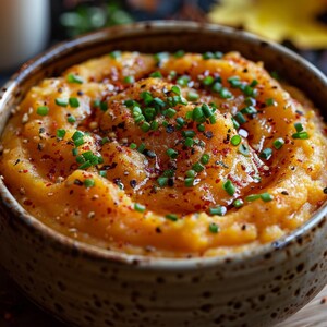 Op de afbeelding: Een close-up van een kom gevuld met romige, oranje puree, gegarneerd met verse groene bieslook en bestrooid met rode en zwarte kruiden. De kom heeft een gespikkelde, aarde bruine buitenkant, wat duidt op een rustiek, zelfgemaakt gerecht.