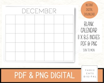 May include: A printable blank calendar for December, with a grid layout for each day of the month. The calendar is 11 inches by 8.5 inches and is formatted with Sunday as the first day of the week.