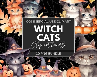 Halloween Watercolor clipart, pastel halloween clipart, cat clipart, witch clip art, cute cats in hats on pumpkins, fall kittens PNG