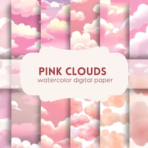 Cloud digital paper, Pink clouds, watercolor cloud digital paper, scrapbook papers, ephemera
