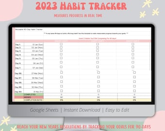 May include: A digital 2023 habit tracker template displayed on a computer monitor. The spreadsheet includes columns for three habits, rows for 90 days, and sections for completion status. Text includes 2023 HABIT TRACKER, Google Sheets, and Instant Download.