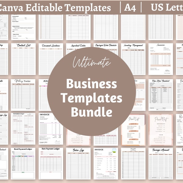 Business Templates Bundle, Fully Editable in Canva, Small Business Bundle - Price Quote Receipt Inventory Management Tracker, Sales, Planner