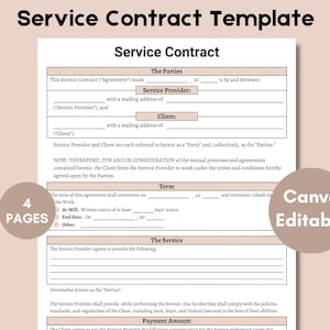 Service Contract Template, Printable Services Contract Agreement, Service Contract form, Client Contract Editable in Canva. Instant Download