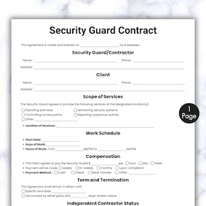 Könnte beinhalten: Eine schwarz-weiße Vorlage für einen Sicherheitsdienstvertrag mit dem Titel „Sicherheitsdienstvertrag“. Das Dokument enthält Abschnitte für Auftragnehmer- und Kundeninformationen, Leistungsumfang, Arbeitszeitplan, Vergütung und Bedingungen.