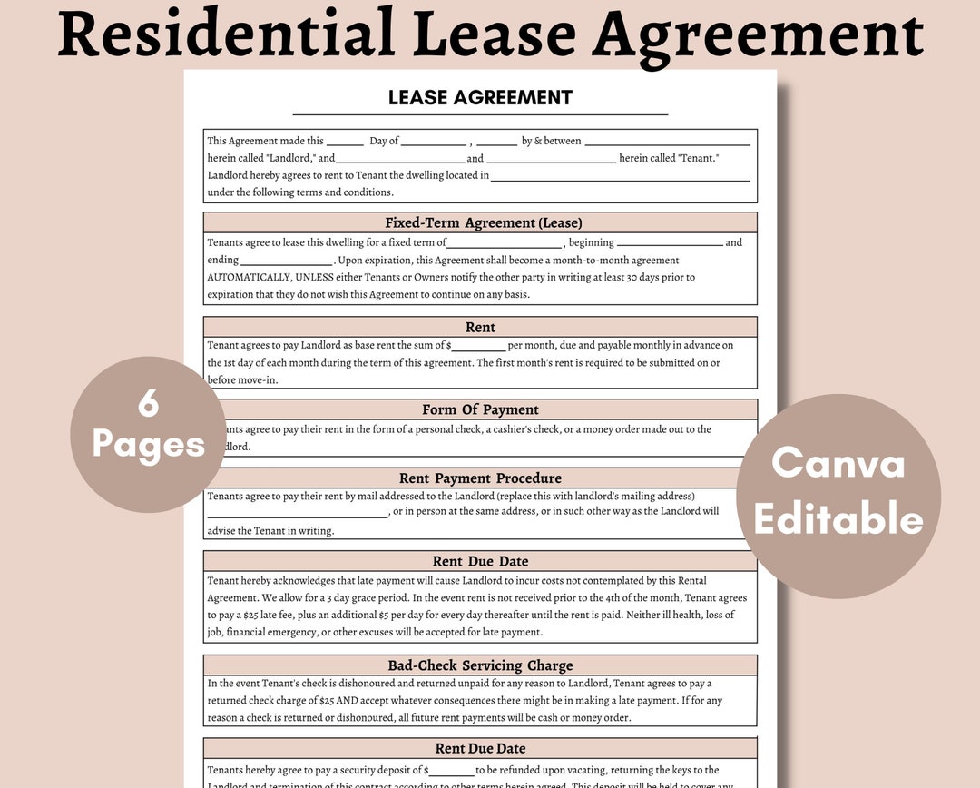 Residential Lease Agreement, Printable Rental Agreement, Editable in ...