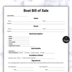 May include: A black and white Boat Bill of Sale form. The form includes sections for the seller, buyer, boat description, sale details, and signatures. The text "Boat Bill of Sale" is at the top. The form is one page.