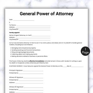 Simple General Power of Attorney, One Page POA Template, Printable & Editable POA form. Legal Contract, General POA form, Instant Download